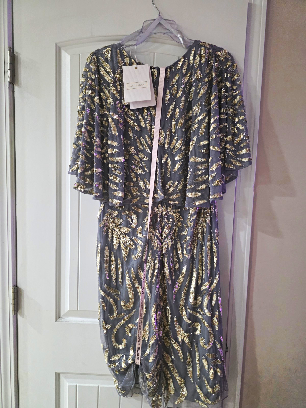 Mac Duggal Gray Gold Sequin Beaded V-Neck A-Line Midi Zip Dress 12