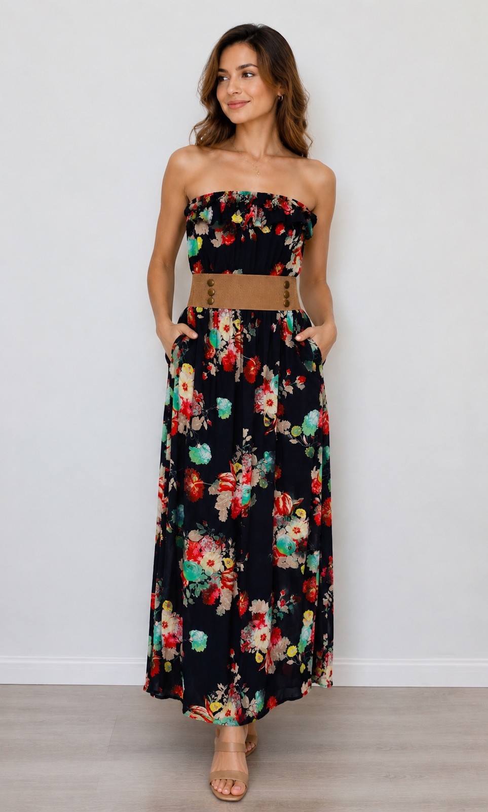 Big Dart Floral Strapless Maxi Dress Pockets Lined Cotton Blend EU 42 Medium