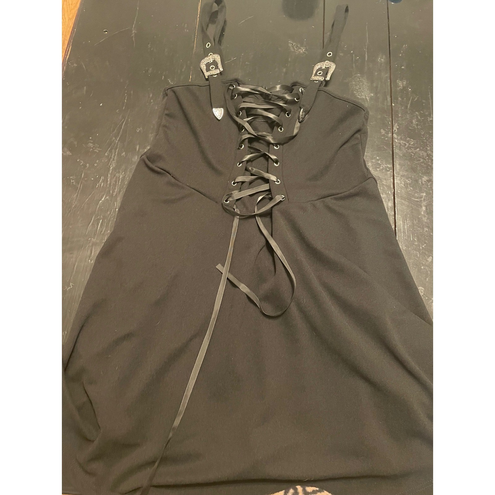 Gothic Lace Up Buckle Strap Mini Dress Black Western Hardware Punk a Y2K