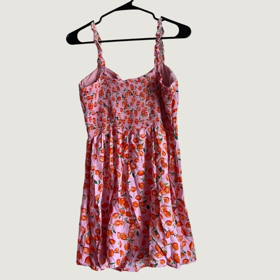 AUW Pink Orange Fruit Print Button Front Mini Dress Smocked Back Large Boho