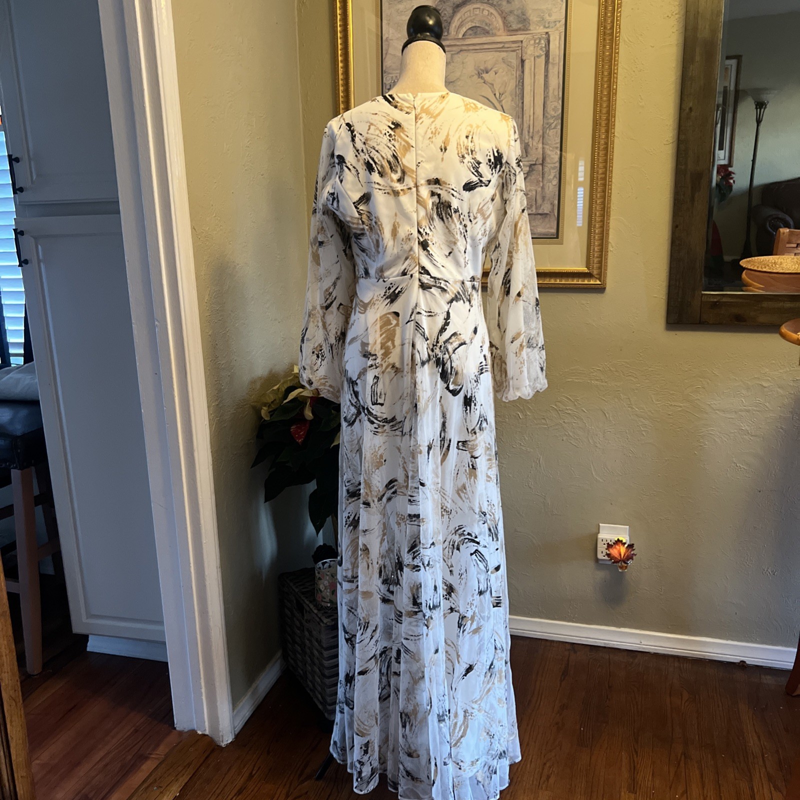 By Saygı Lined Patterned Long Tulle Dress White-black, Beige Color Size US XL