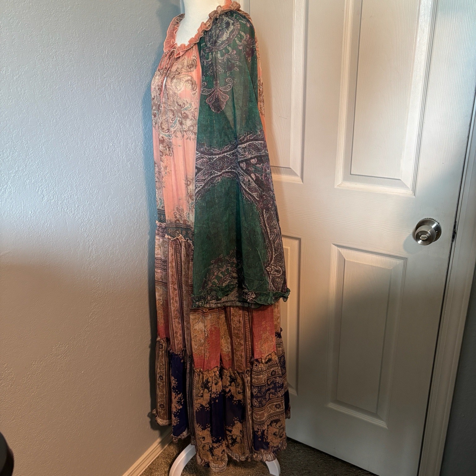 Jaded Gypsy Boho Paisley Patchwork Sheer Lurex Tiered Bell Sleeve Maxi Dress OS