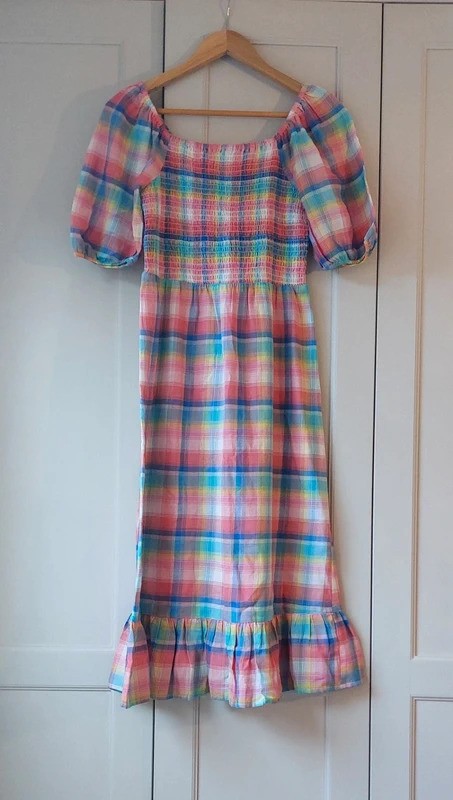 Roman multicolour candy rainbow check print midi dress with puff sleeves | Sz 10