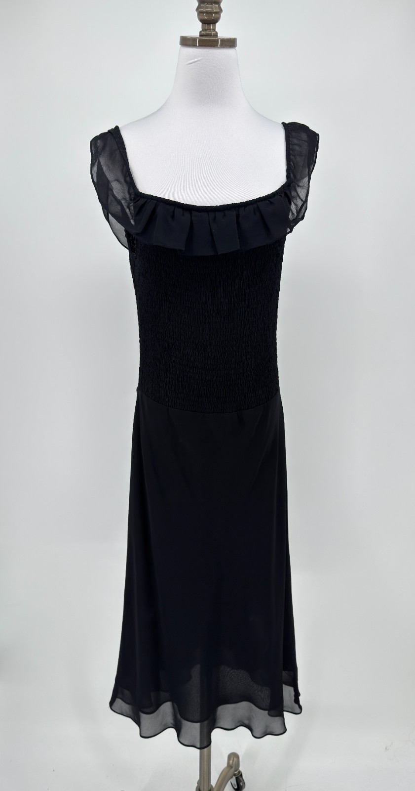 Ralph Lauren 90’s Black Smocked Ruffle Flutter Sleeve Midi Sheath Dress Sz M