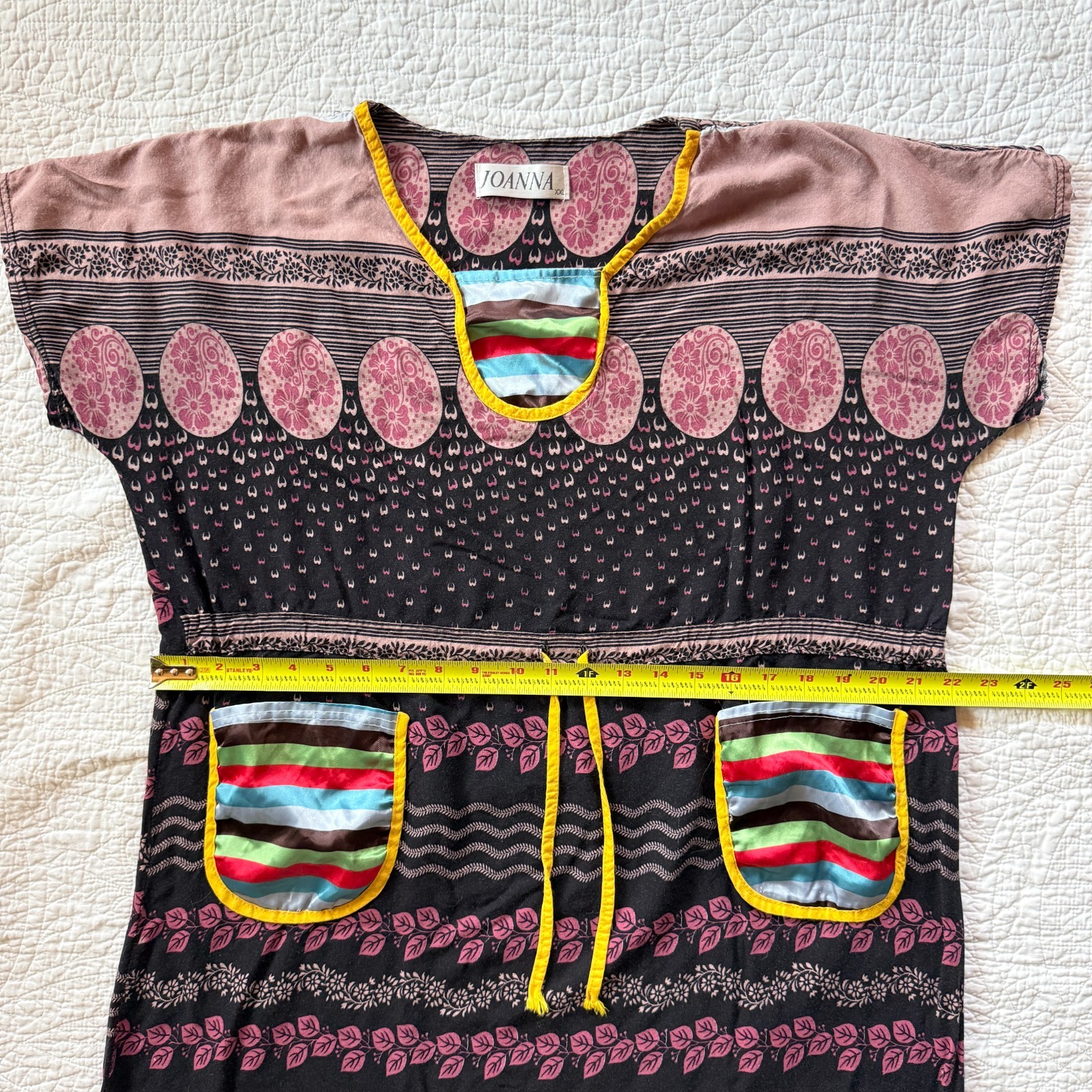 Joanna Black Patterned Patchwork Dress Pockets Colorful Trim XXL Earthy Boho 90s