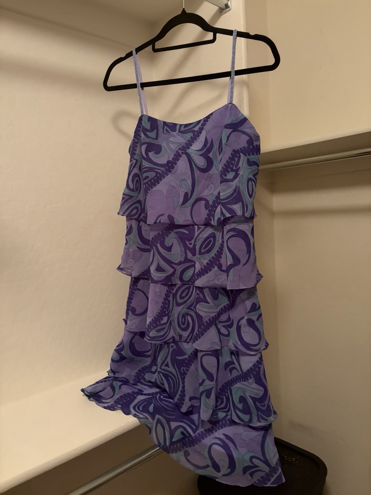 Eva Blue Women’s Purple Green Paisley Scoop Neck Chiffon Tiered Ruffle Dress 8