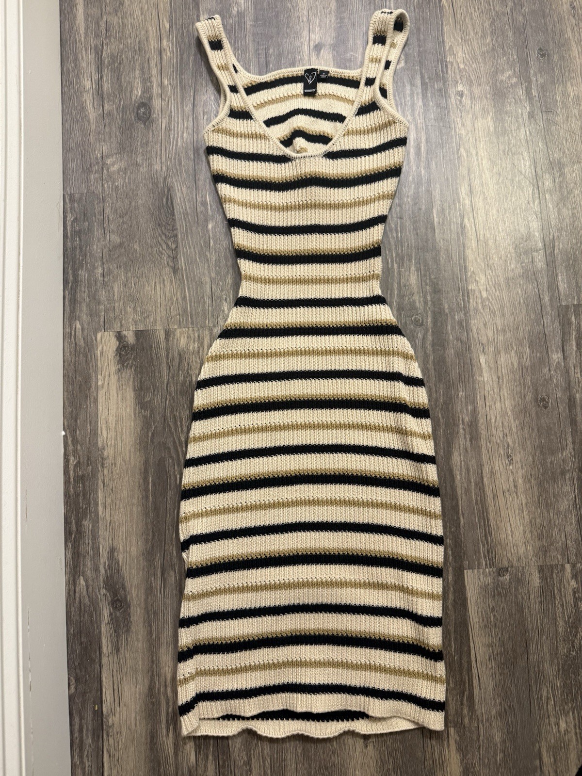 Windsor Knit Bodycon Midi Dress Striped Cutout Back Beige Black Size M