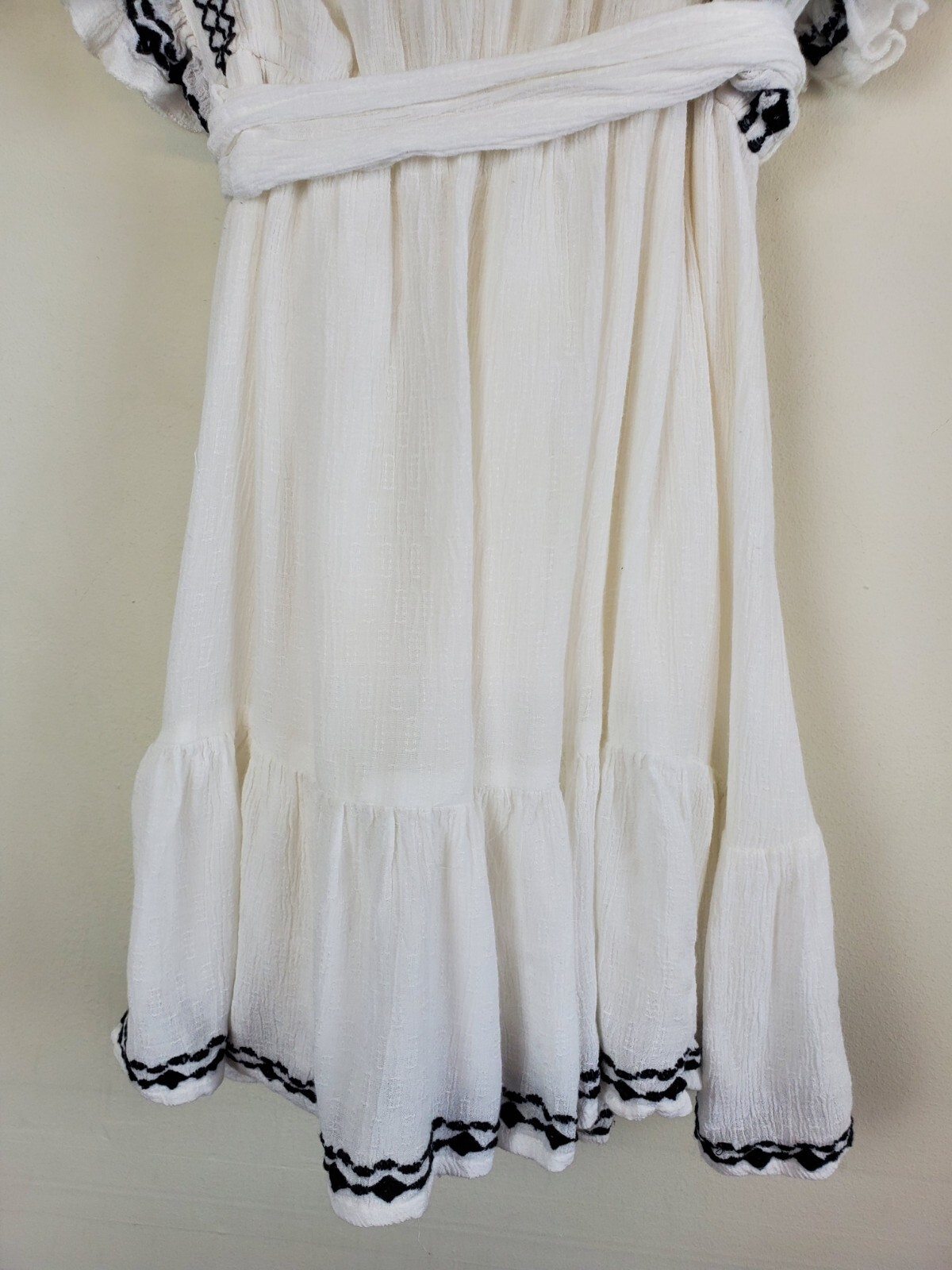 FREE PEOPLE Small WEEKEND BRUNCH Mini Dress White Embroidered Ruffle Tie Waist
