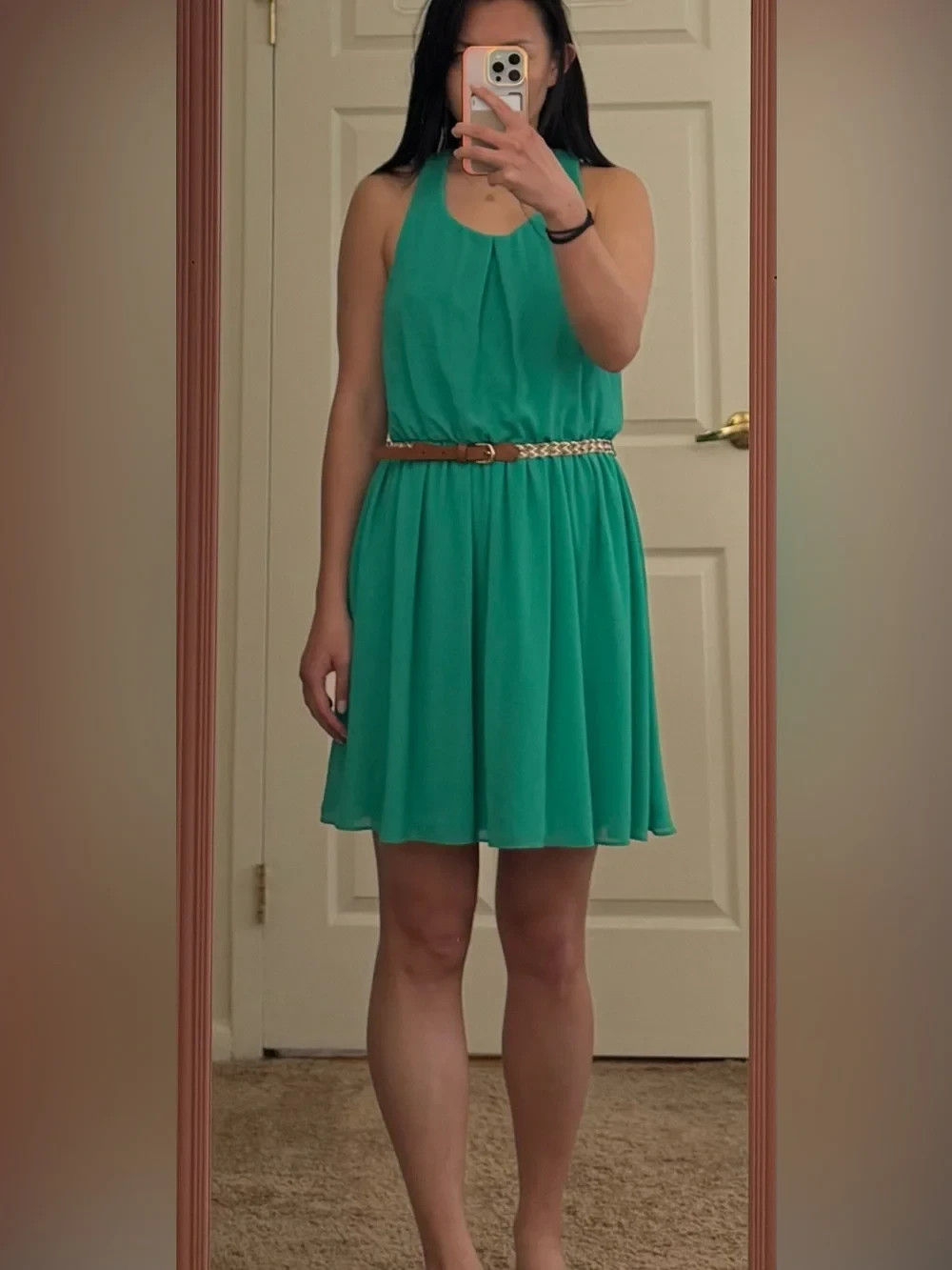 Green Chiffon A-Line Dress Womens Size Small Comes With Belt