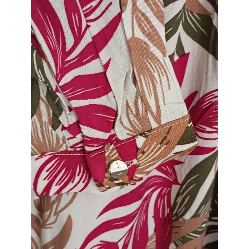 Parisian NWT Tropical Leaf Maxi Dress S 100% Cotton Pink Green Long Slv $158