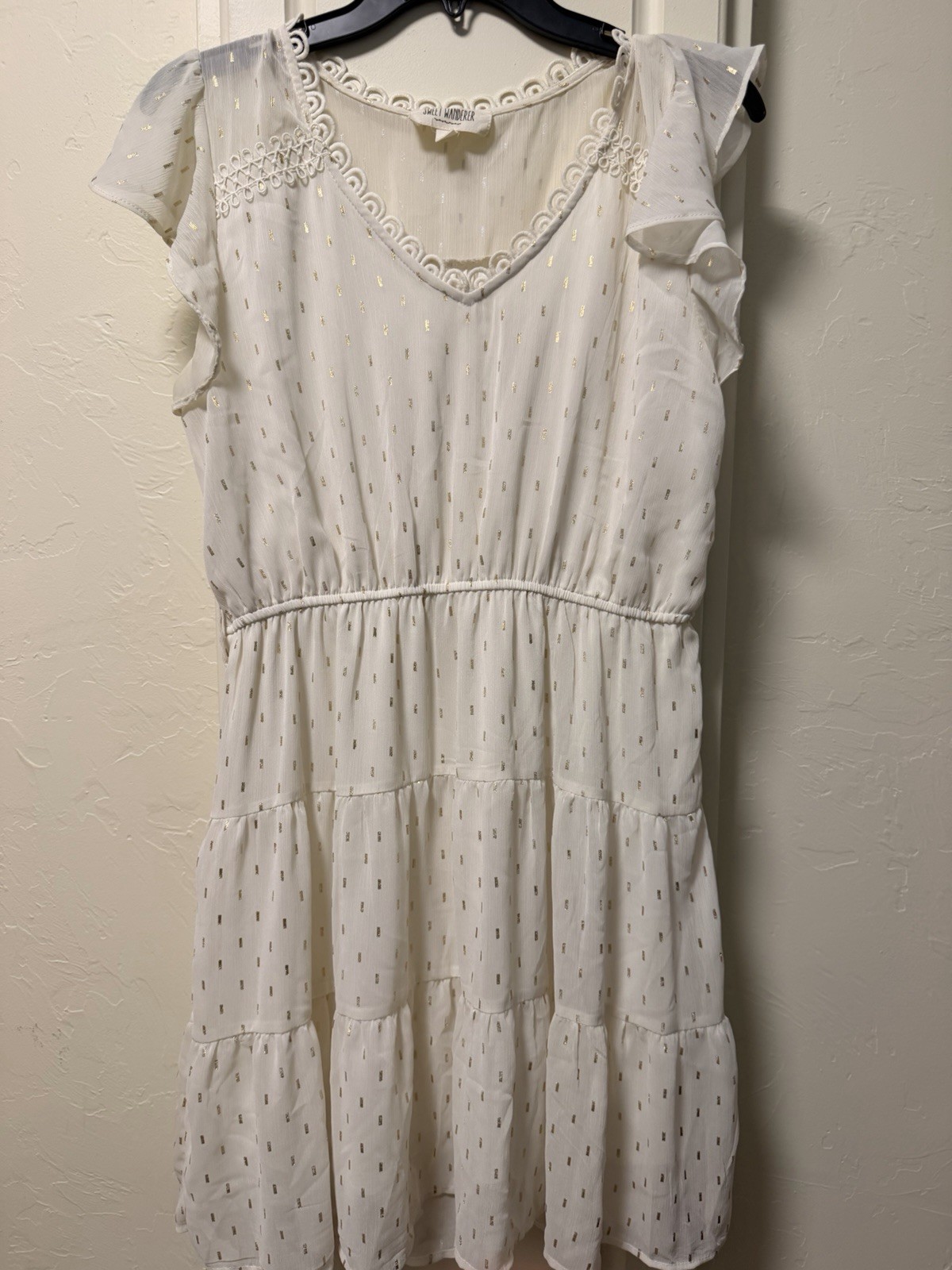 Sweet Wanderer White Gold Metallic Clip Dot Tiered Cottagecore Dress L