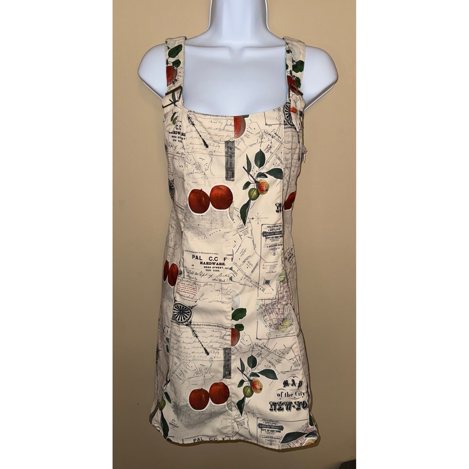 NYC Map Apple Print Pinafore Mini Dress Silver Buckle Straps Cream Sleeveless S