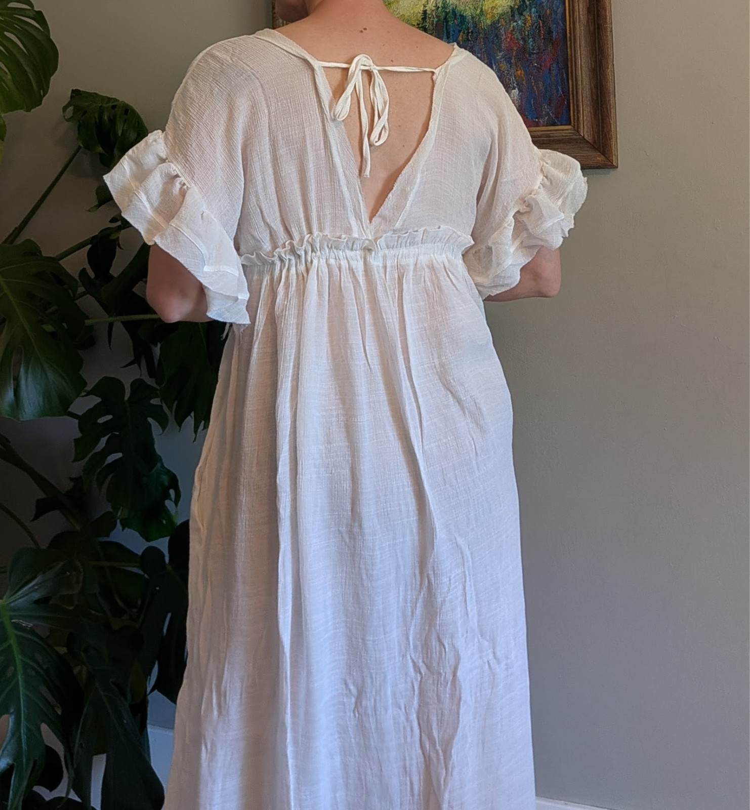 White Gauze Maxi Dress Cover Up Flowy Button Front Tie Back Boho Beach Feminine