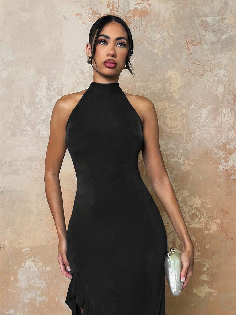 Elegant Halter Maxi Dress Backless Ruffle Bodycon Split Thigh Party Gown