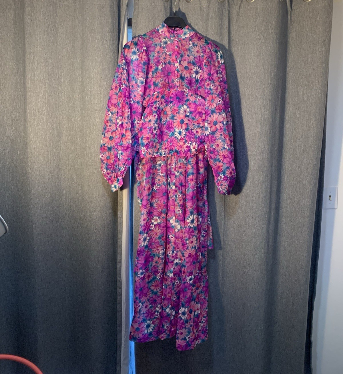 Vintage Pink Purple Blue Floral Midi Dress S High Neck Long Sleeve Button Front