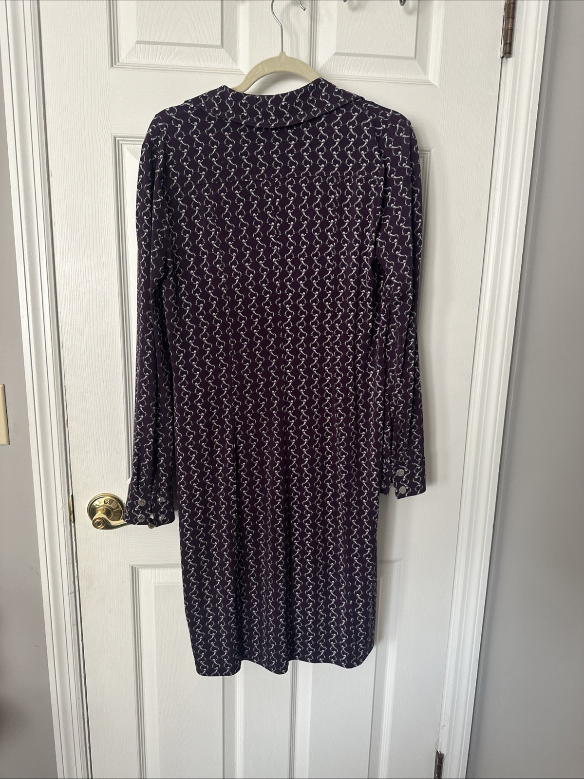 Michael Kors Women’s Midi Collard Dress Silver Chain Print Purple Long Sleeve-M