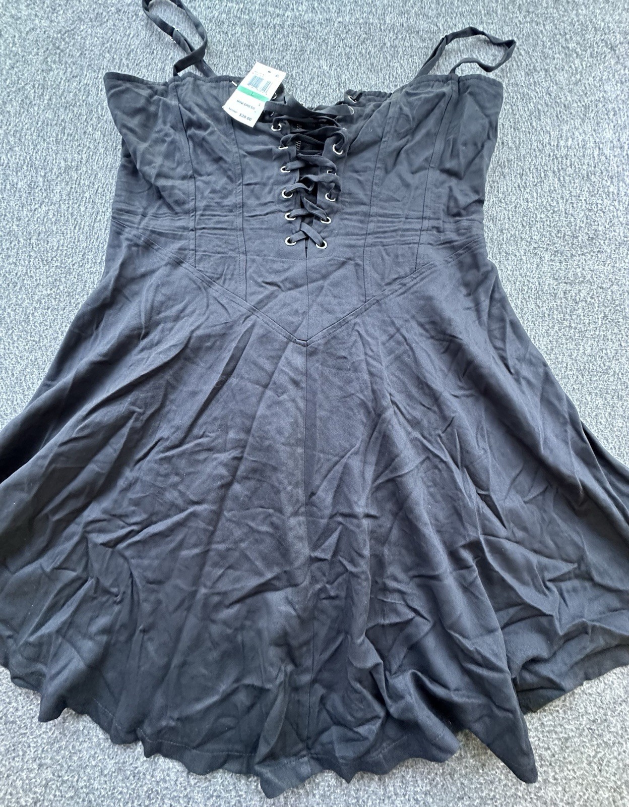 Self E Dress Womens Large Black Corset Lace Up Mini Spaghetti Strap Gothcore New