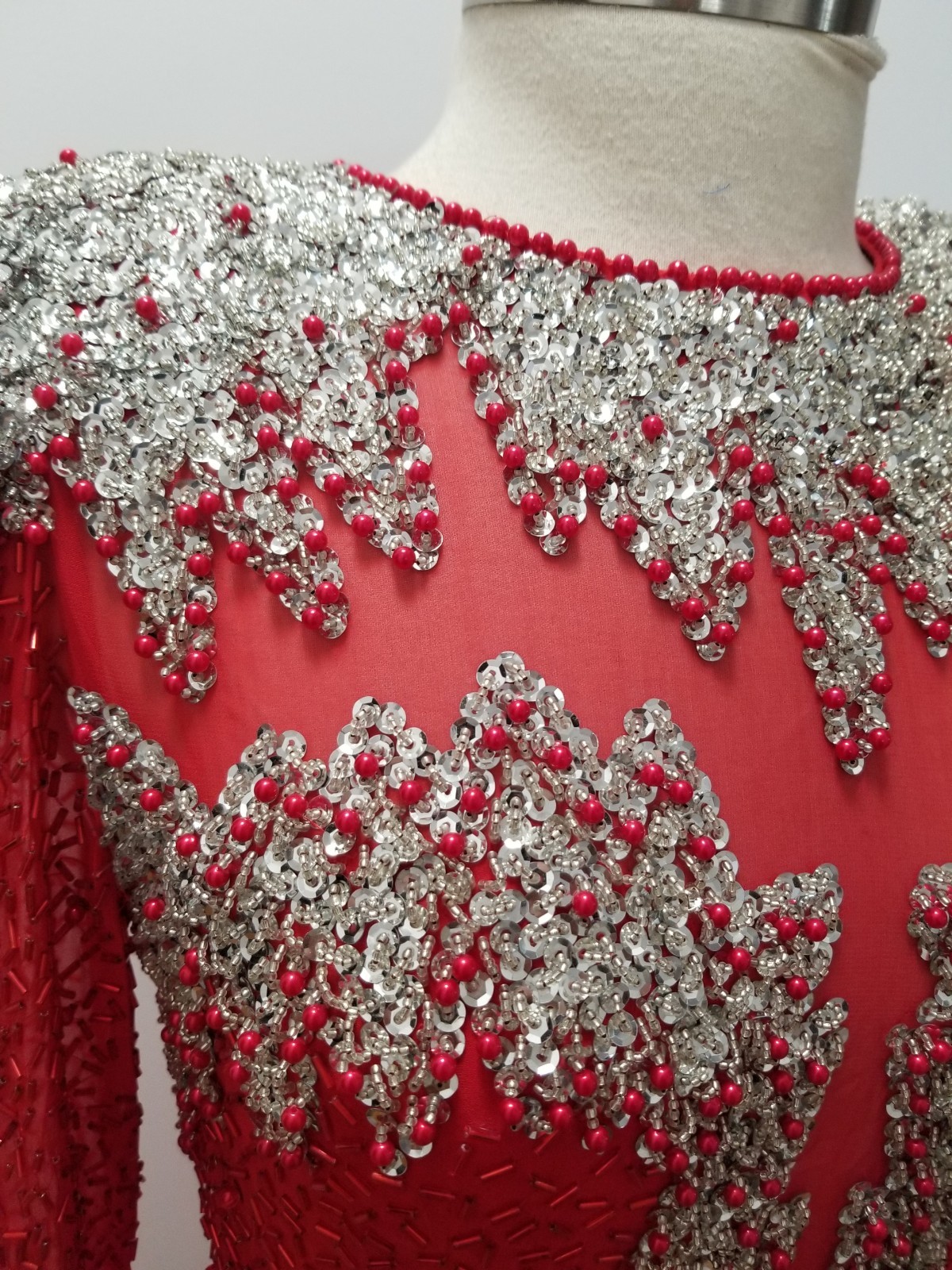 Red and silver beaded and Sequined long sleeve cocktail dress