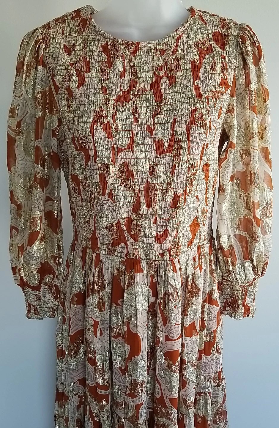 Boden Smocked Jacquard Maxi Dress Rust Copper Paisley Gold Metallic US 8 EUC