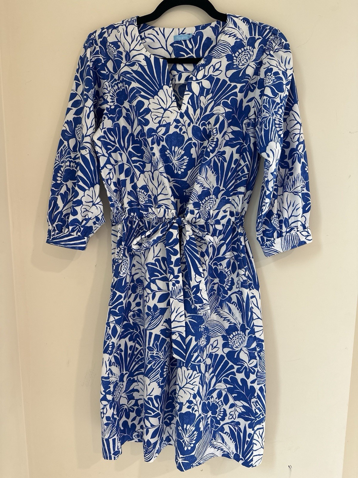 J McLaughlin Blue White Evalyn Garden Walk Printed Floral Dress Sz XS Belted
