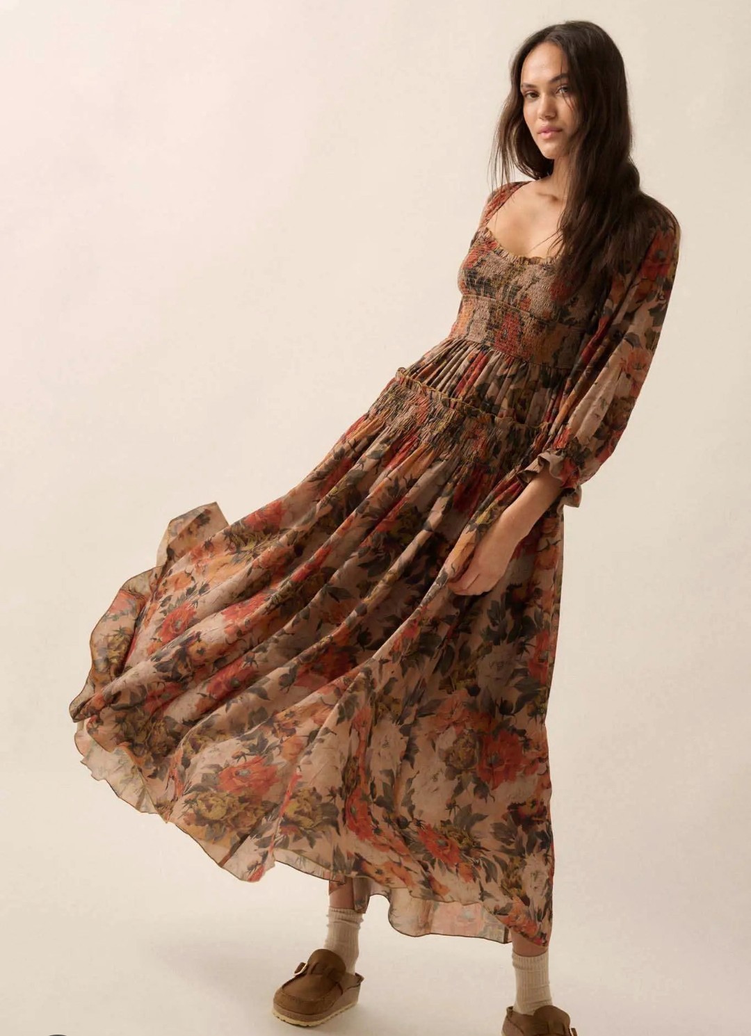 NWOT Promesa Dancing Blooms Small Sand Smocked Floral Maxi Peasant Dress Brown