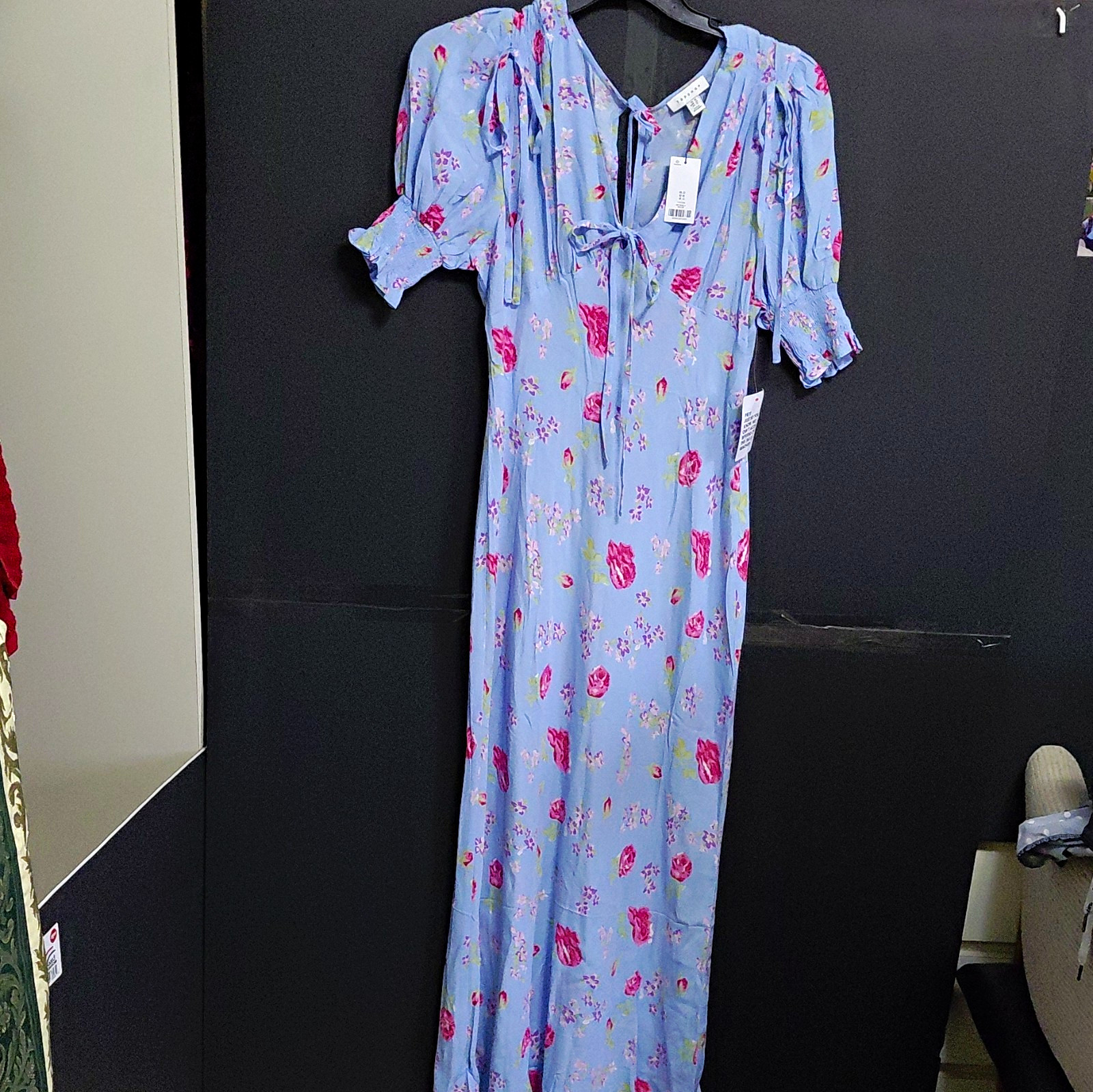 Topshop Blue Floral V-Neck Short Sleeve Maxi Dress Tie Neck UK 16