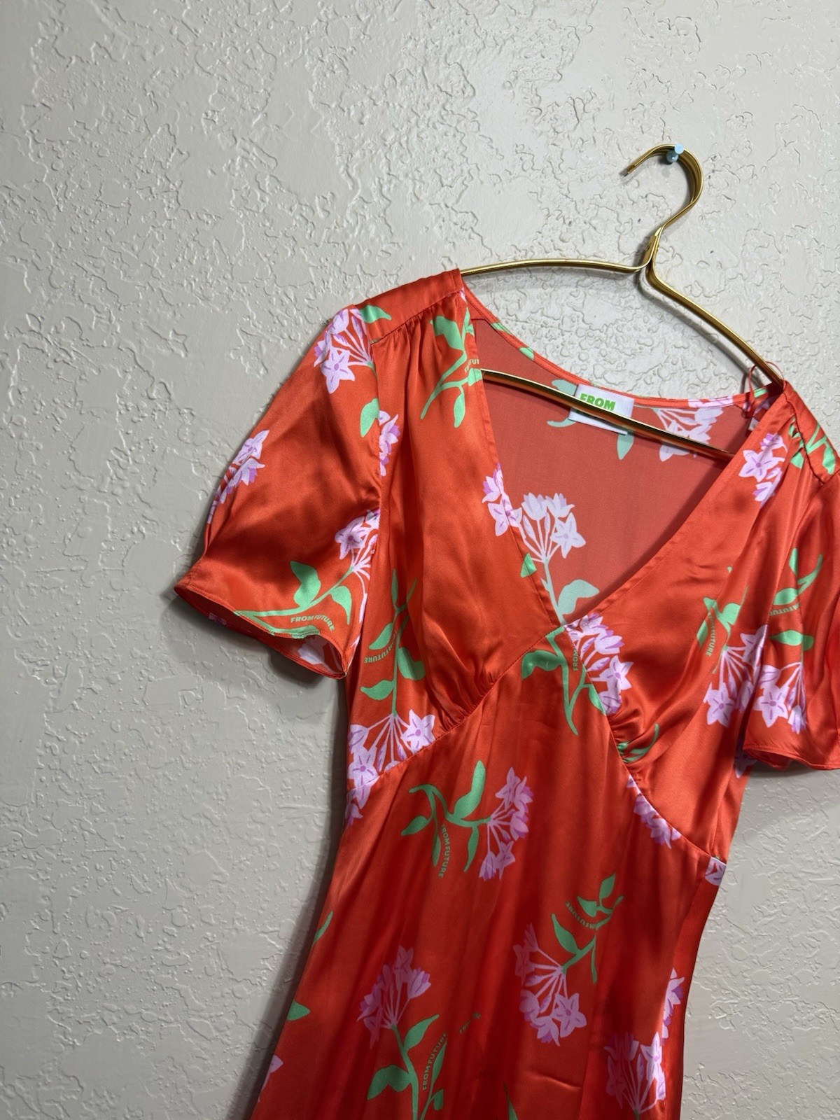 From Future Mini V Neck Flutter Sleeve Floral Print Dress Orange Silk US Size XS