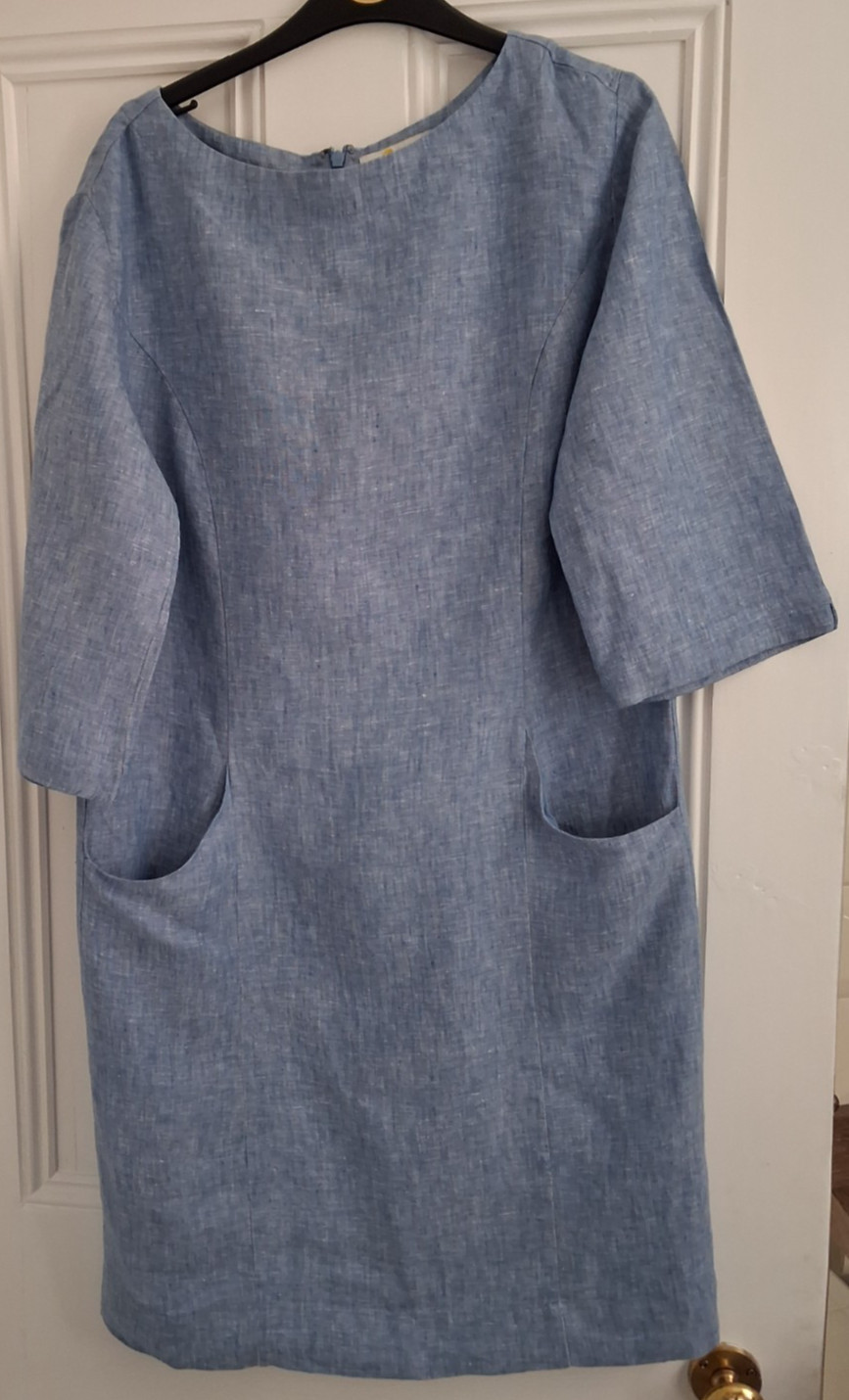 Boden Pale Blue Linen Shift Dress with 3/4 Sleeves & Front Pockets Size 12L