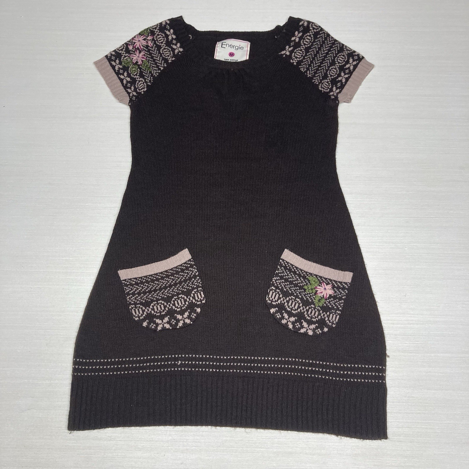Energie Vintage Y2K Brown Floral Embroidered Sweater Dress Women’s Medium Goth