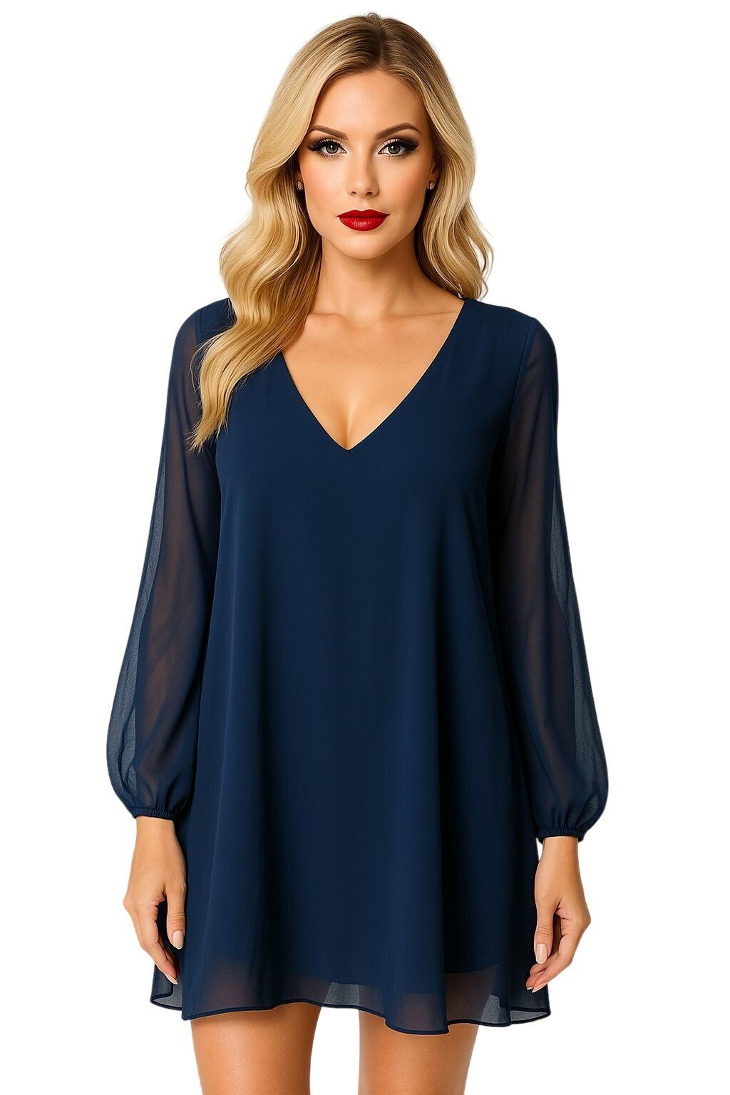 Brigitte Bailey A-Line Dress Womens Large Navy Blue Sheer Long Sleeve