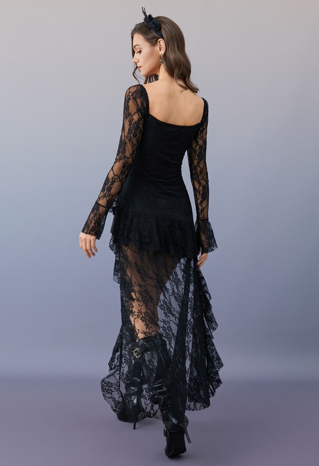 NWOT CHICHWISH Square Neck Floral Lace Tiered Hi-Lo Hem Dress Goth Garden Small