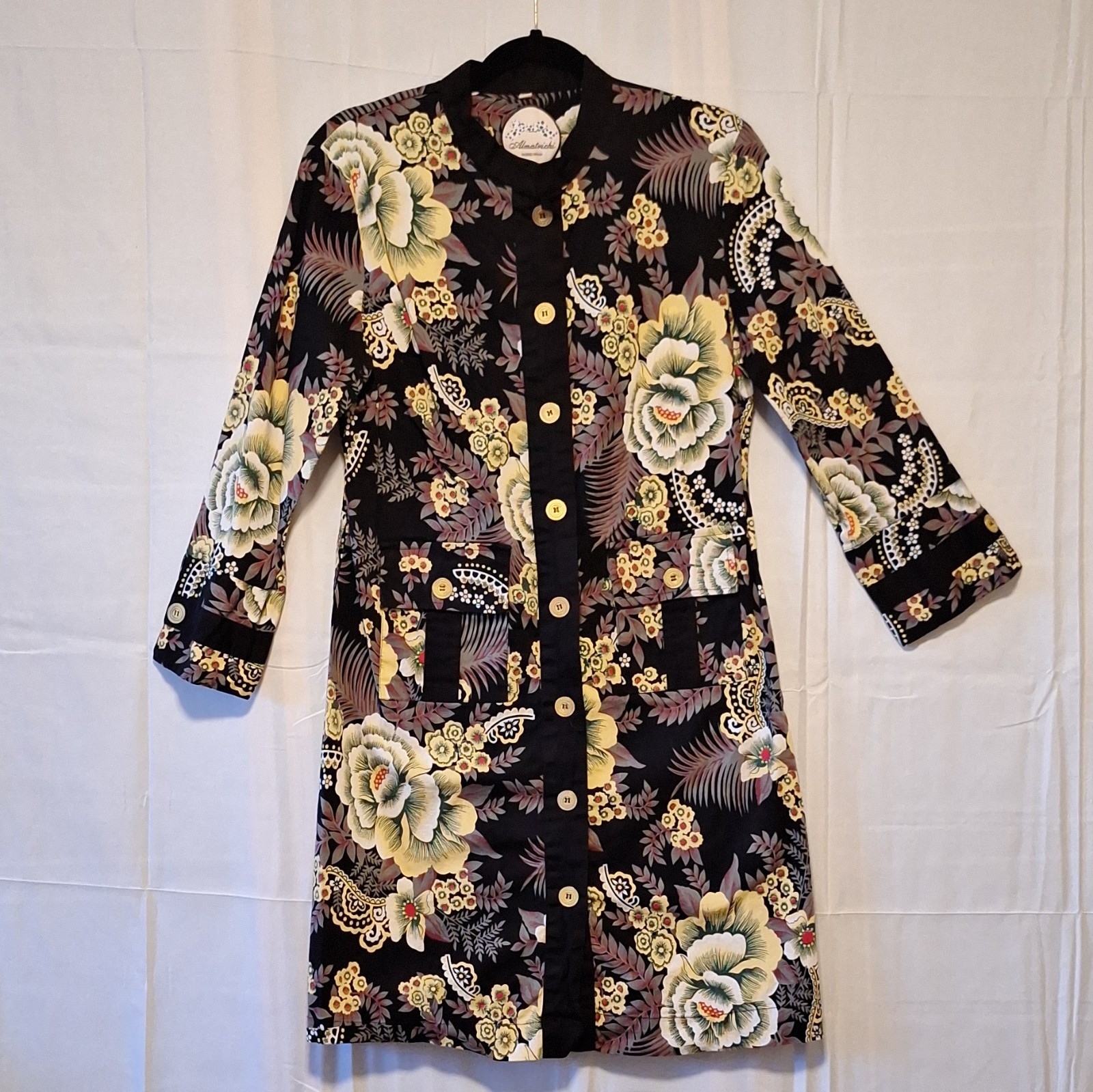 Almatrichi Madrid Dress Size 44 Black Floral Print Button Down Long Sleeve