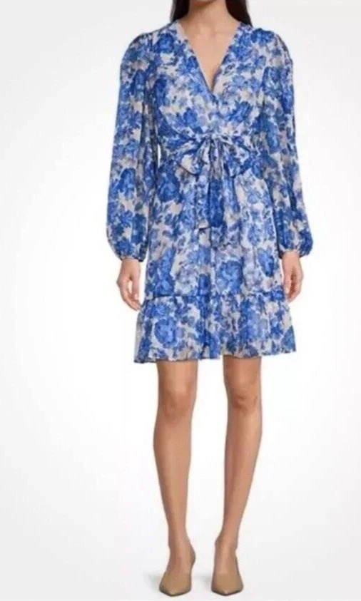 Alex Marie V-neck (Size-14) Simone Cobalt Floral Long Sleeve Tiered A Line Dress