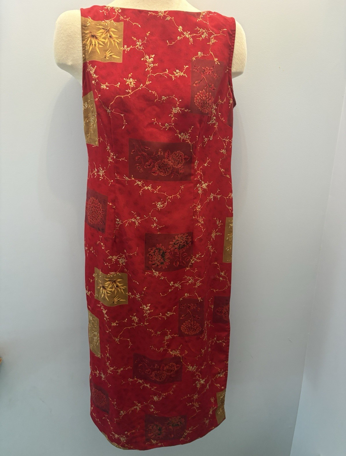 Y2K Sag Harbor Red/Gold Floral Sleeveless Long Shift Dress Round Neck Size 12