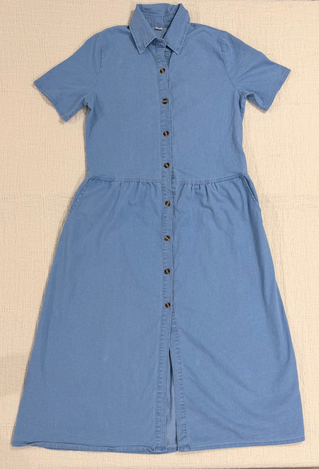 Women Shirt Dress Medium Blue Chambray Short Sleeve Collared Casual Button Front