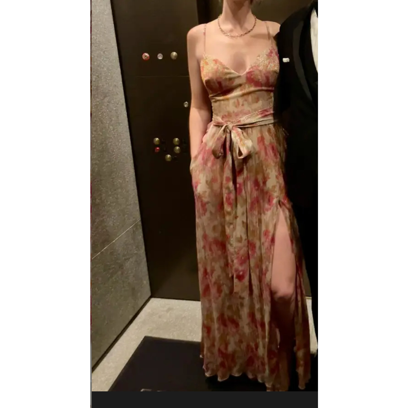 Dress the Population Floral Pleated Maxi Dress XS Metallic Plisse Slip Gown $268
