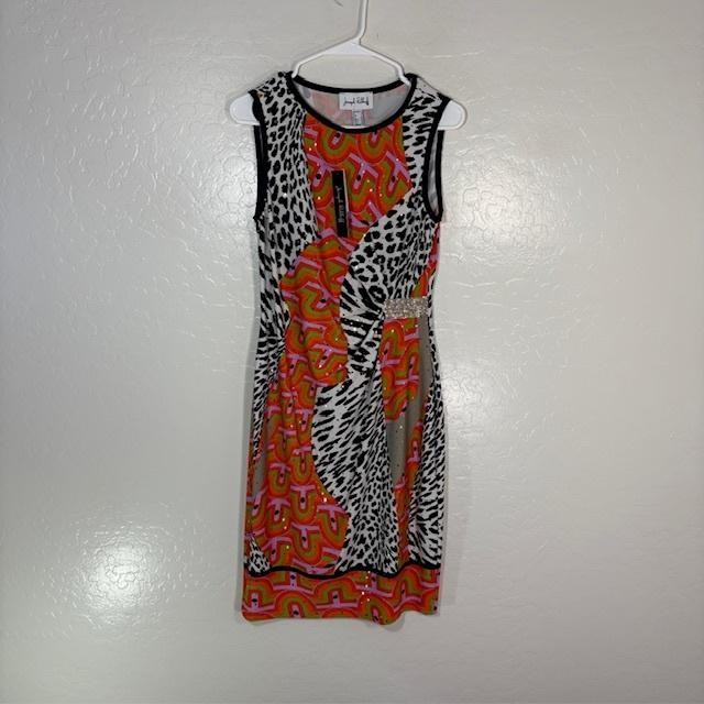 Joseph Ribkoff Dress Womens 8 Orange Black Animal Print Sheath Sleeveless 182676