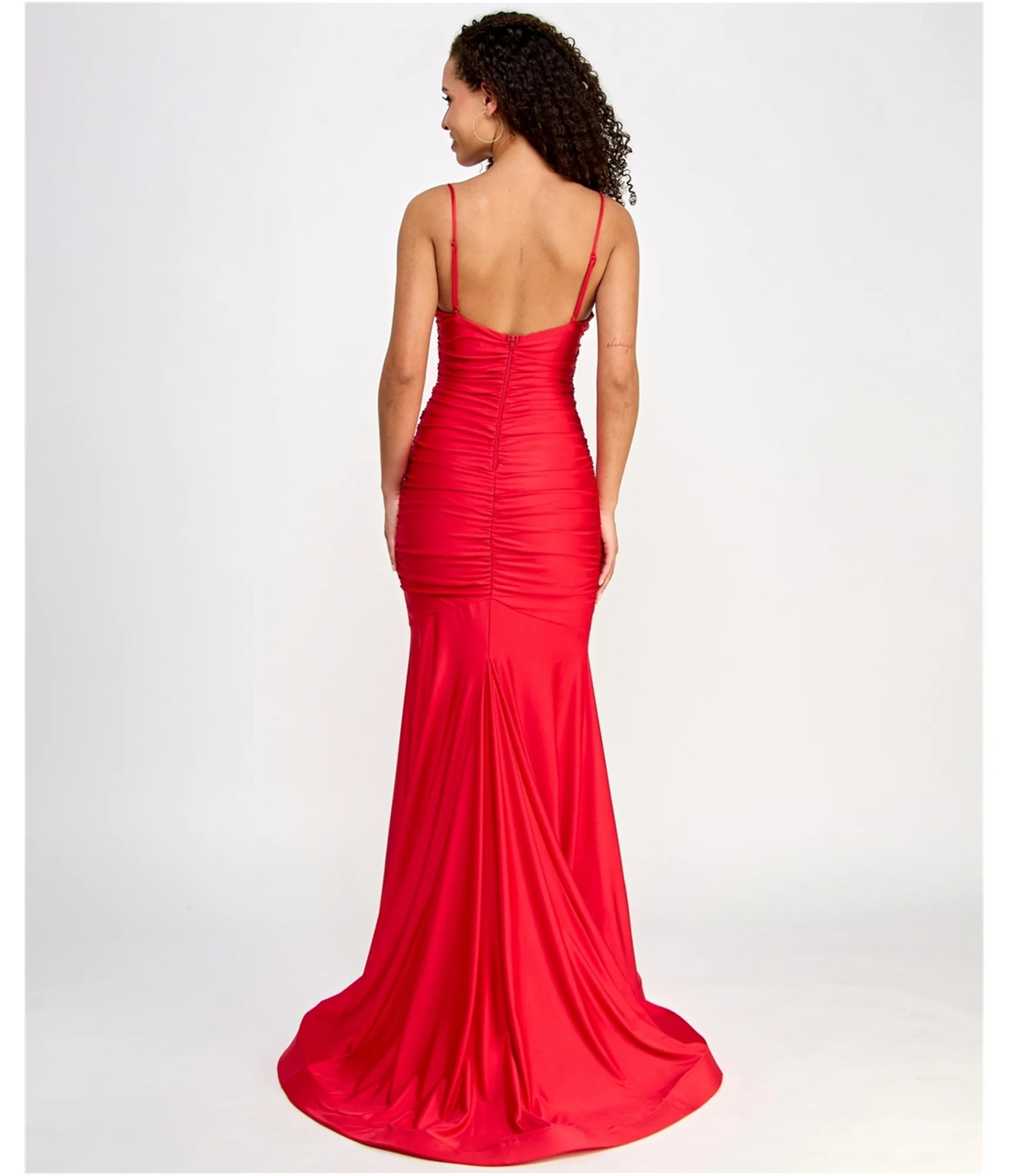 B. DARLIN Womens Satin Ruched Evening Gown Dress, red, Juniors, 15/16