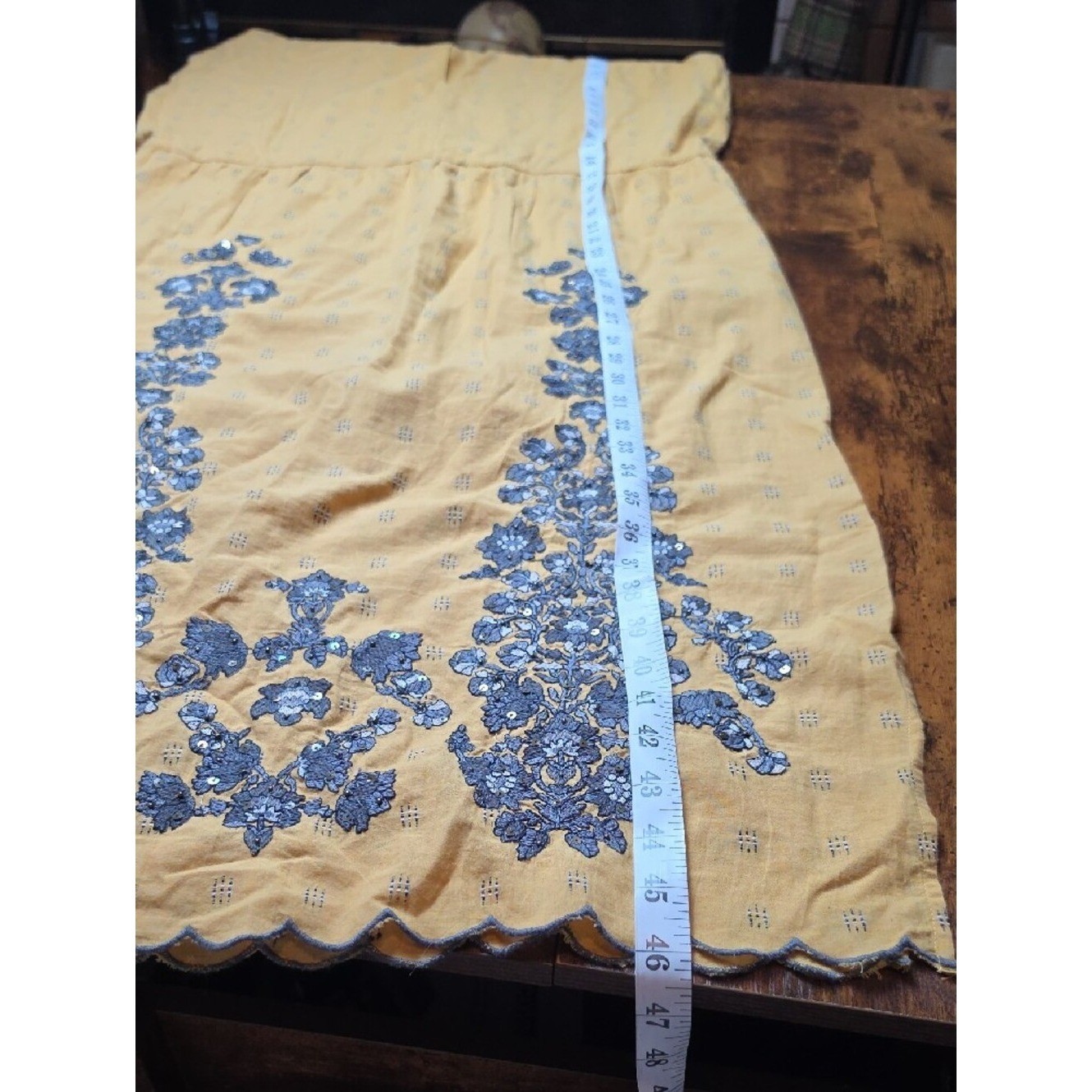 SUNDANCE | Mustard Grey Embroidered Sequin Lined Boho Scalloped Pocket Dress | L