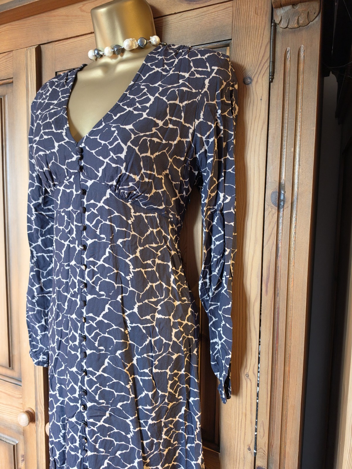 Smart Aspiga Black And Beige Patterned Midi Dress Size XS 8