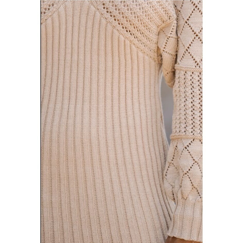 Cupshe Crochet Knit Mini Sweater Dress V-Neck Long Balloon Sleeve Tan XS NEW