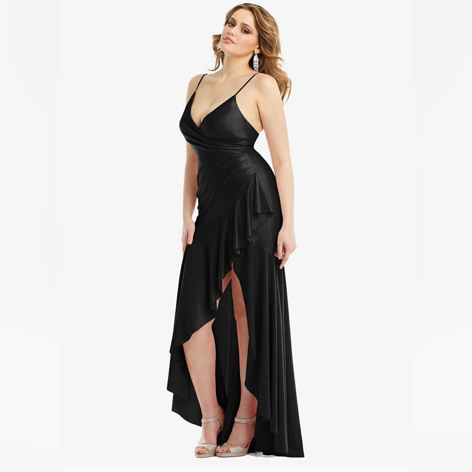 CYNTHIA & SAHAR Gabriella Ruffled High Low Stretch Satin Gown in Black Size XL