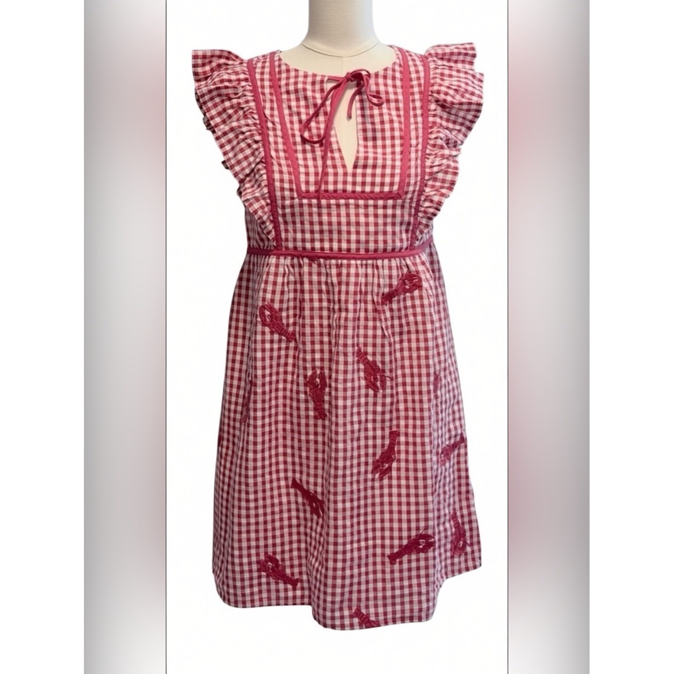 NWT Vineyard Vines Lobster Gingham Ruffle Dress XXS Red Cape Cod Coastal