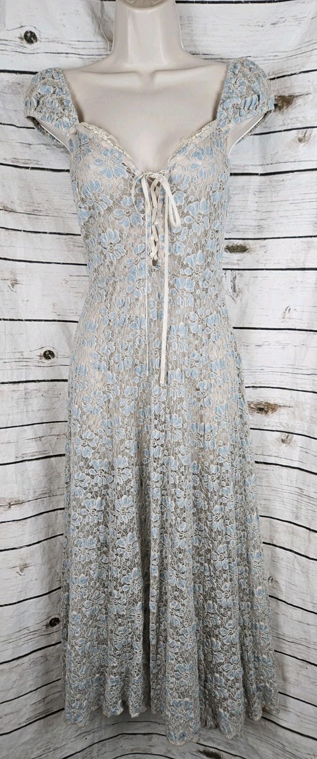 Urban Outfitters Blue Lace Babydoll Midi Corset Dress M 90s Y2K Lettuce Hem