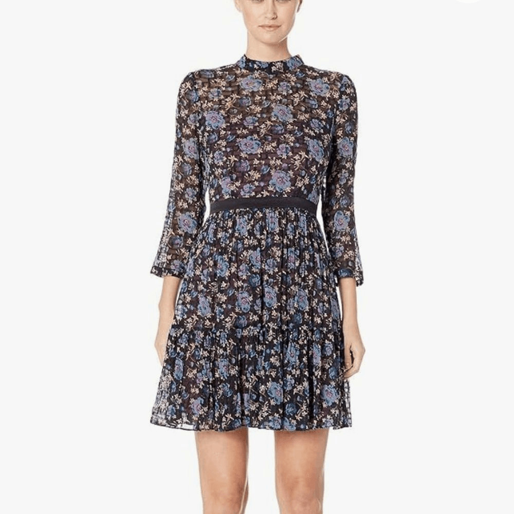 Rebecca Taylor Women Size 2 Blue Floral Solstice Silk Dress Keyhole Button Back