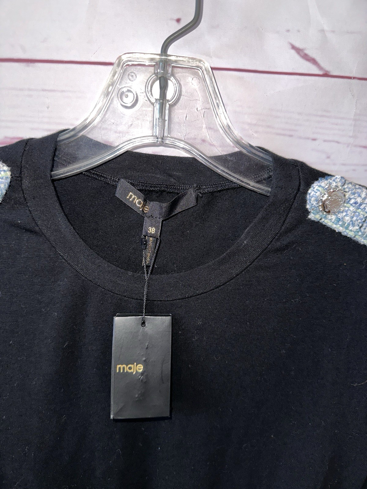 MAJE NWT Size 38 Rolineta Tweed Black Blue Mini Dress Short Sleeve Small S