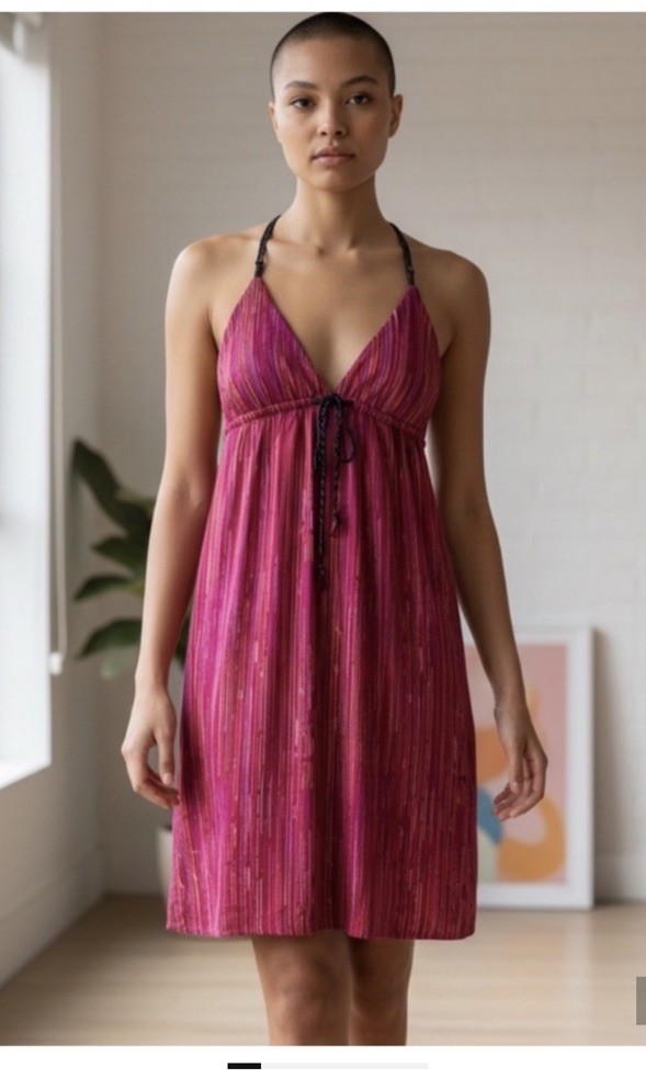 Billabong Women’s Fuchsia Striped Halter Dress L Braided Tie V-Neck Knee