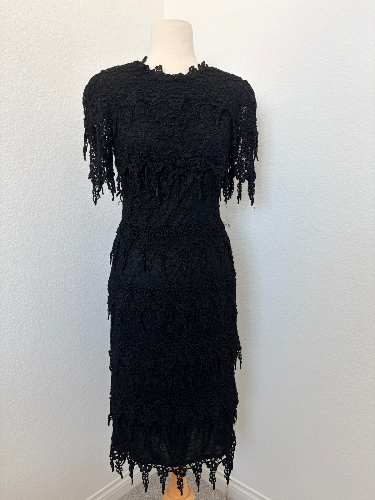 Vintage Black Gatsby Bodycon Fringe Midi Dress Layered Floral Boho S