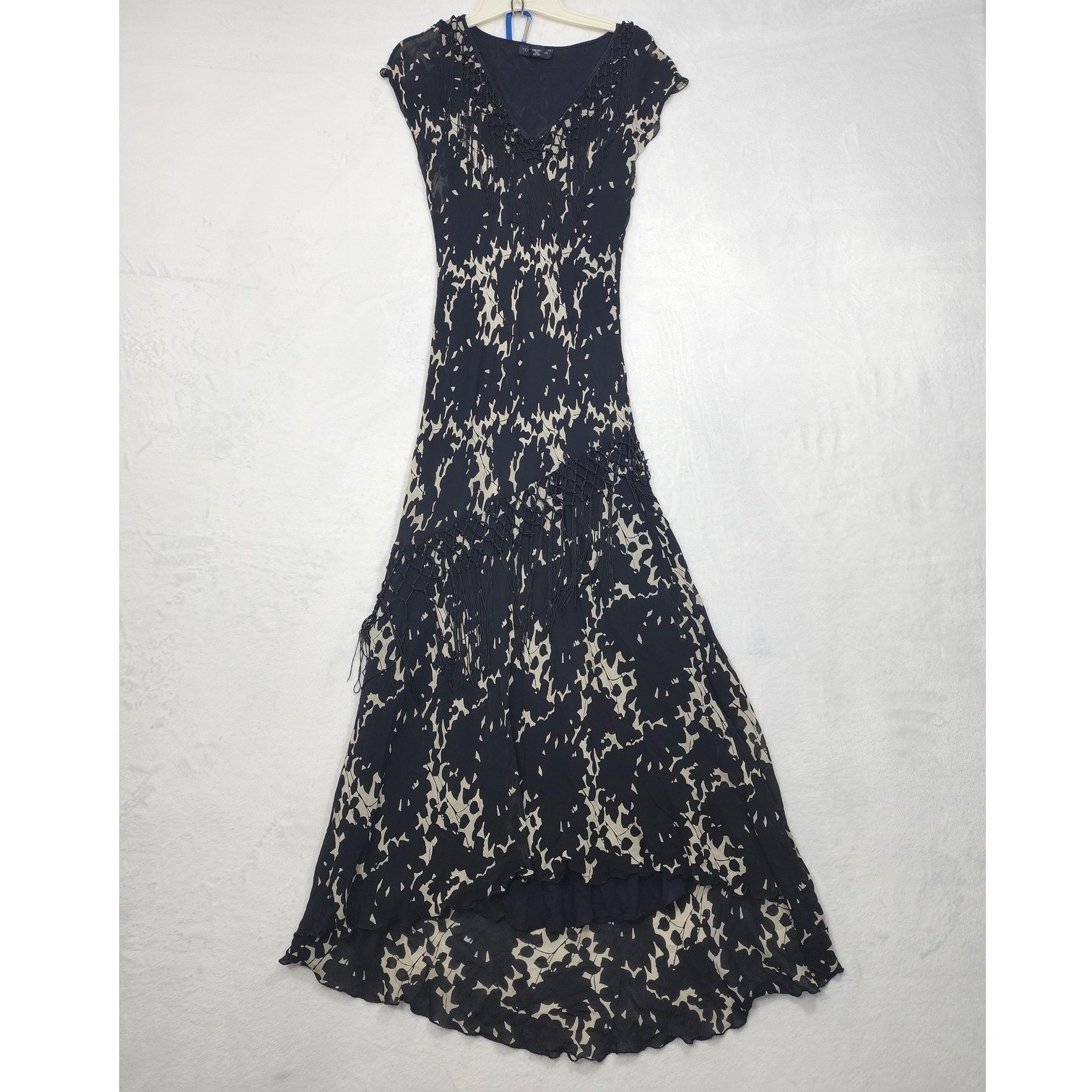 Vintage Temptation Dress Womens L Black Floral Crochet Fringe High Low Maxi Boho