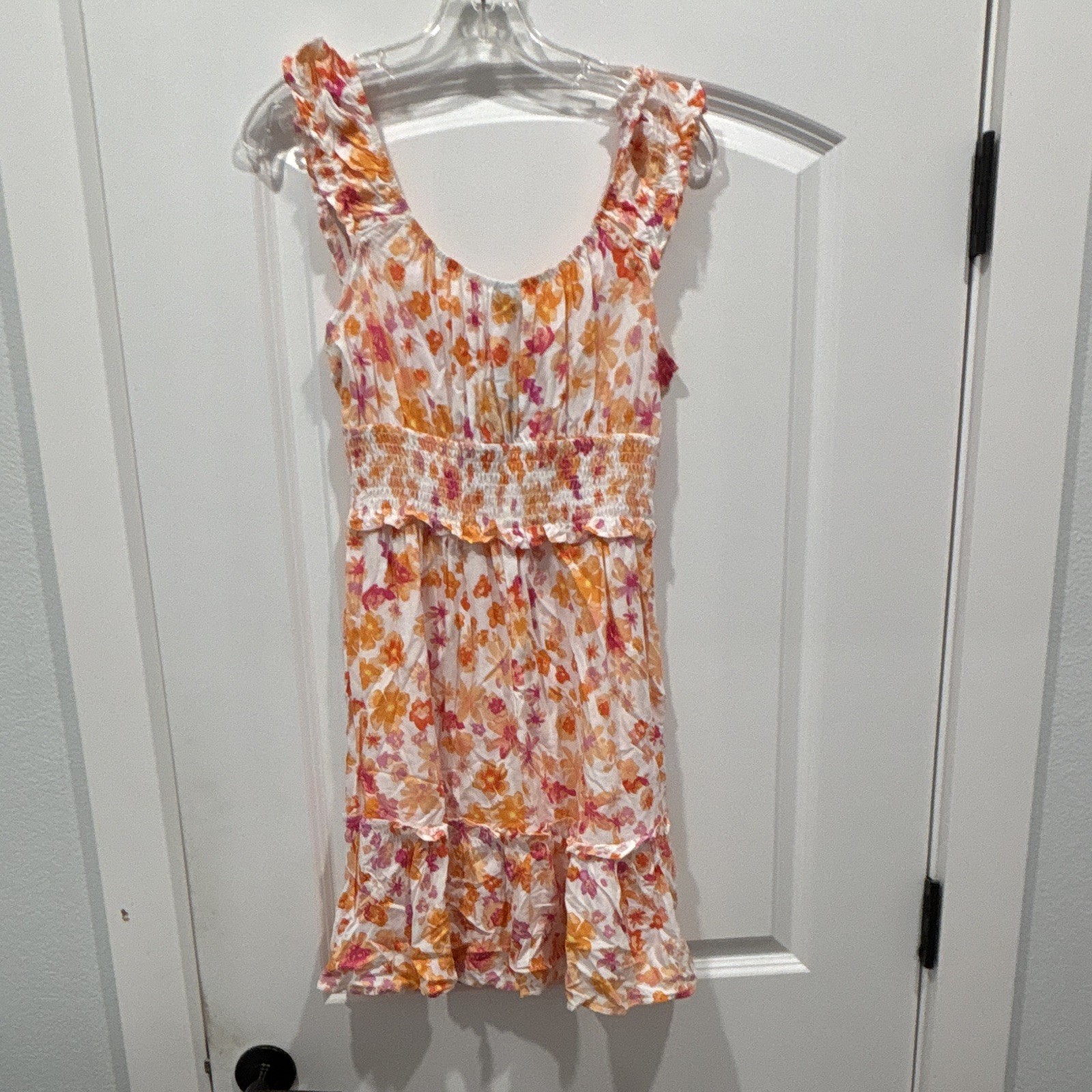 Wild Fable Floral Smocked Ruffle Mini Dress Women’s S White Orange Pink